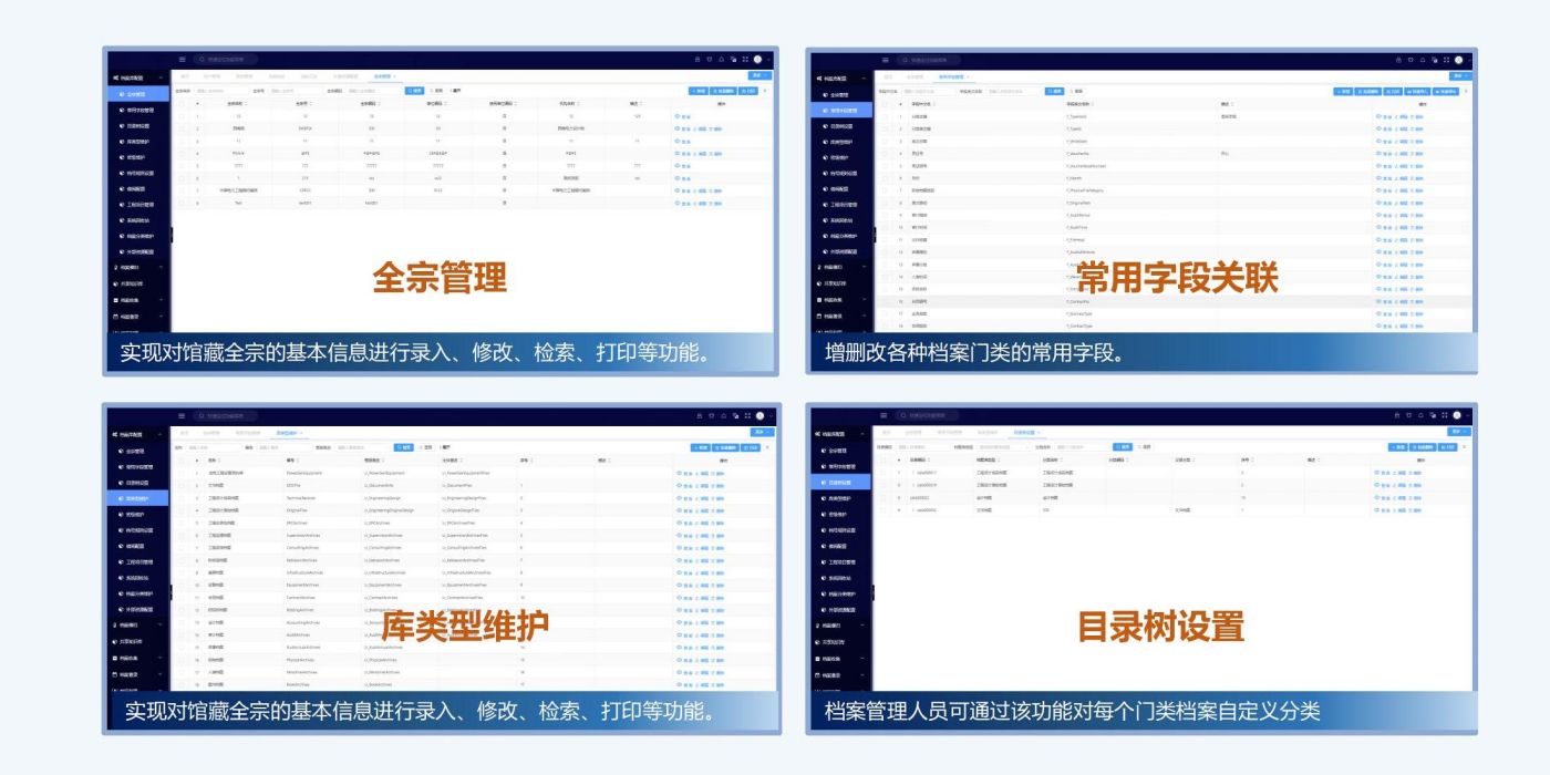 電子檔案庫(kù)配置主要包含全宗管理、庫(kù)類型管理、目錄樹(shù)設(shè)置、工程項(xiàng)目管理檔案號(hào)設(shè)置等功能模塊